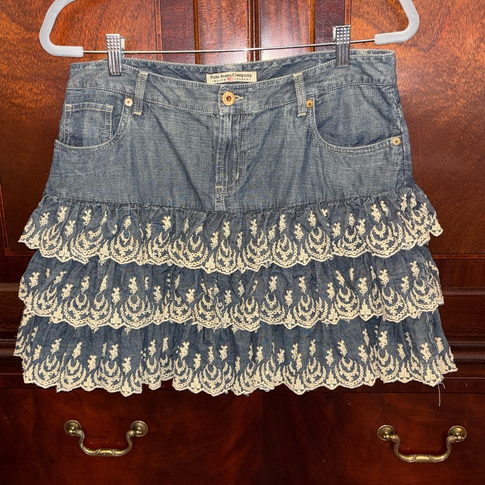 Polo Ralph Lauren Chambray Skirt - Tiered, Embroidered, Size 8, EUC